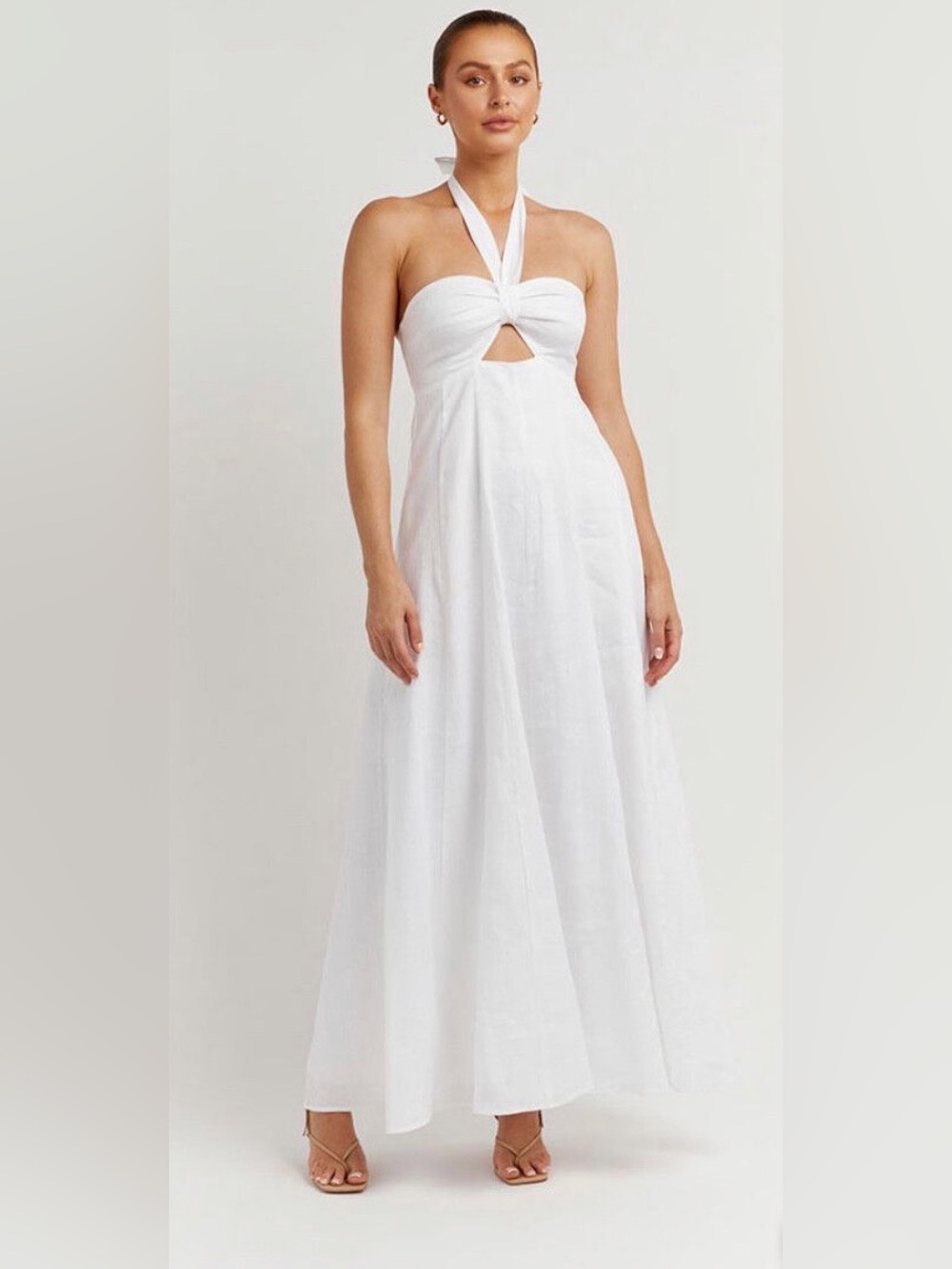 Dissh Verdes White 100% Linen Maxi Dress Halter Neck Tie Size 4